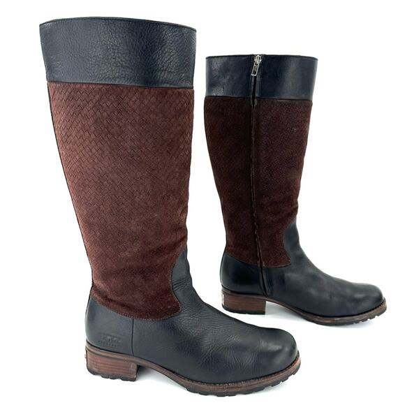 Ugg Australia Knee High Winter Boots Sz 11 Black Leather Brown Suede Wool Lining - Picture 3 of 15